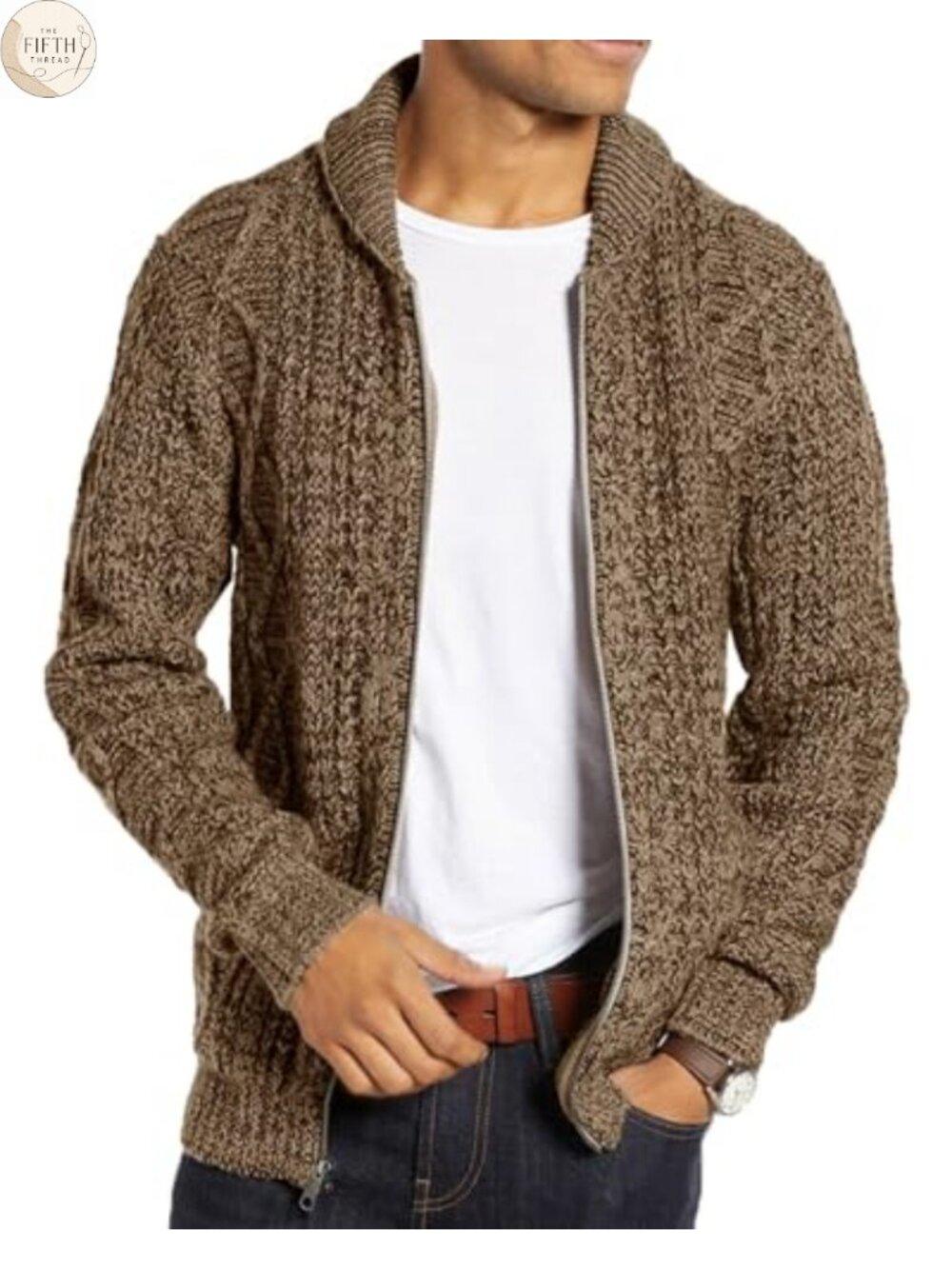 Mens Cable Knit Zip Up Cardigan Sweater Shawl Collar Acrylic Long Sleeve
